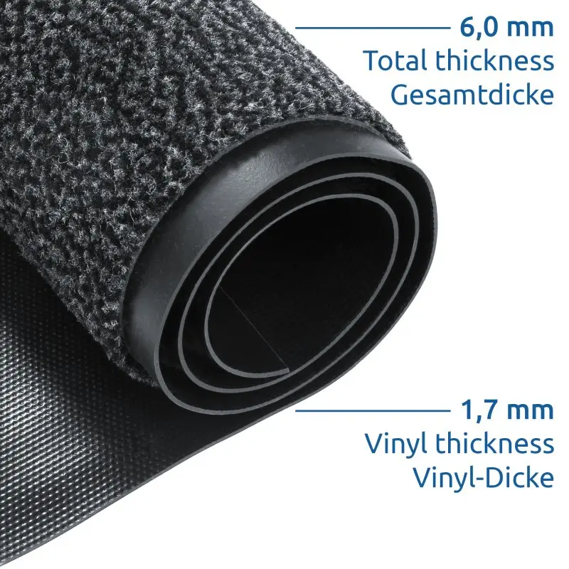 Schmutzfangmatte yourGEAR 60x45 cm, gerollt, mit dichtem, grauem Velours-Floor, rutschfester Vinyl-Unterseite, 6 mm Gesamtdicke, 1,7 mm Vinyl-Dicke, für innen und außen geeignet.
