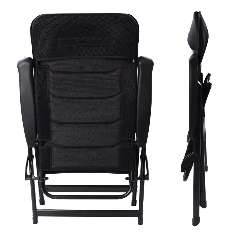 Sedia da giardino your GEAR Hochlehner Sovana 3D in alluminio nero, con schienale alto e rivestimento in mesh 3D, pieghevole, braccioli larghi, struttura XXL resistente fino a 180 kg, vista da dietro e da lato.