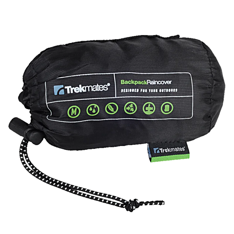 Housse de pluie noire Trekmates pour sac à dos, compacte et légère, avec logo, cordon de serrage et pictogrammes, adaptée aux sacs de 35-45L, 100 % nylon, imperméable, livrée dans son sac de rangement.