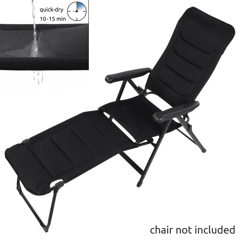 Black yourGEAR Sovana 3D footrest for camping chairs, with breathable 3D mesh cover, sturdy aluminum frame, quick-dry material (10-15 min), shown attached to a chair; chair not included.