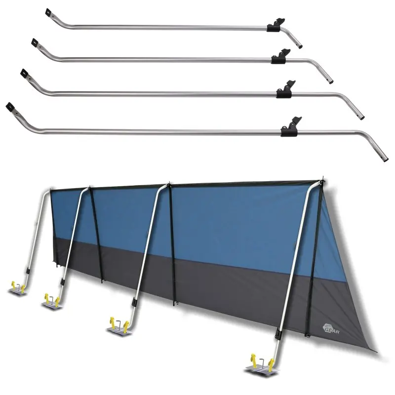 Teleskopierbares your GEAR Windbreak Pole Set aus 4 Aluminiumstangen mit Schnellspannern, passend für Wind- und Sichtschutz, inklusive Bodenplatten und Heringen zur sicheren Befestigung am Boden.