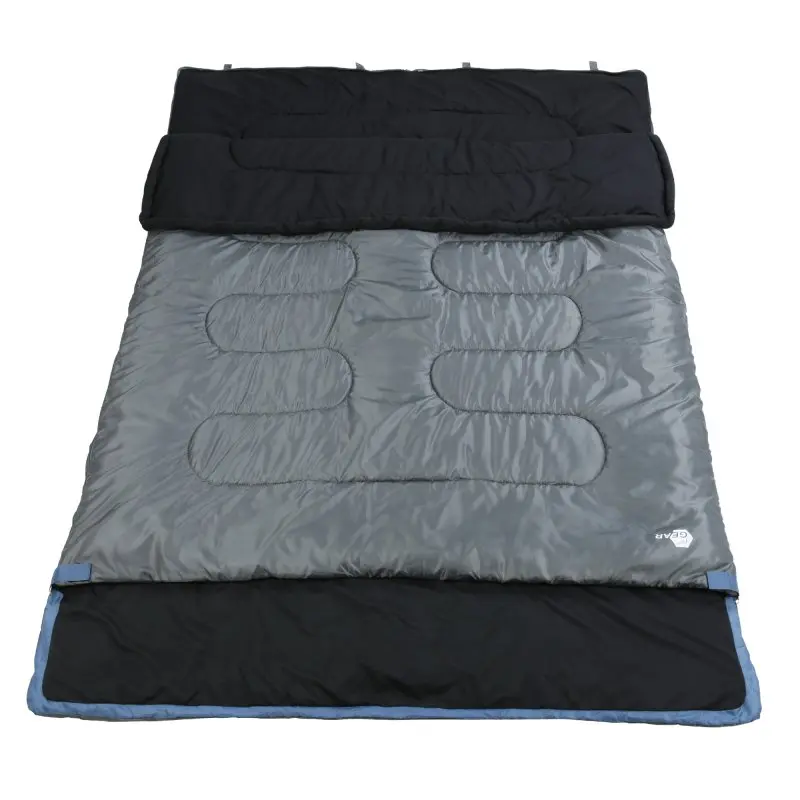 Saco de dormir doble your GEAR Marin para 2 personas, gris y negro, tamaño 220x150 cm, diseño rectangular con capucha amplia, ideal para camping y 3-4 estaciones, material resistente y acolchado.