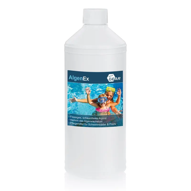 yourGEAR AlgenEx 1L bottle, liquid and foam-free algaecide for pools, blue label with swimming pool image, product details and yourGEAR logo, designed for clear and algae-free pool water.