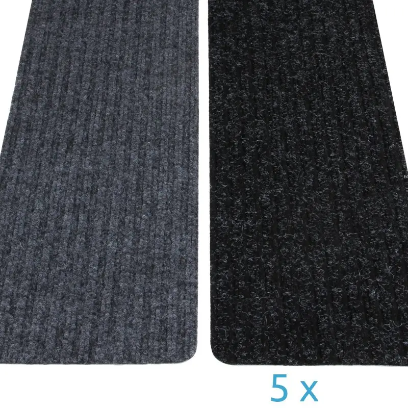 Lot de 5 tapis de marche yourGEAR auto-adhésifs, dimensions 76x20 cm, coloris gris clair et gris foncé, surface antidérapante à texture bouclée, dessous TPR réutilisable, idéal pour sécuriser les escaliers.