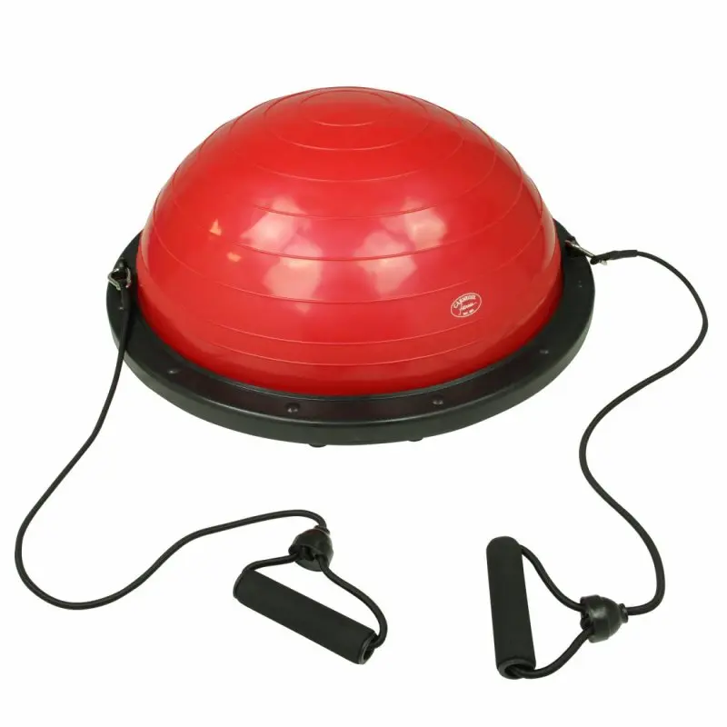 Red Carnegie Balance Ball balance trainer with black base, attached resistance bands with foam handles, ideal for core, balance, and strength workouts. Fitness air cushion included for versatile home or gym exercise.
