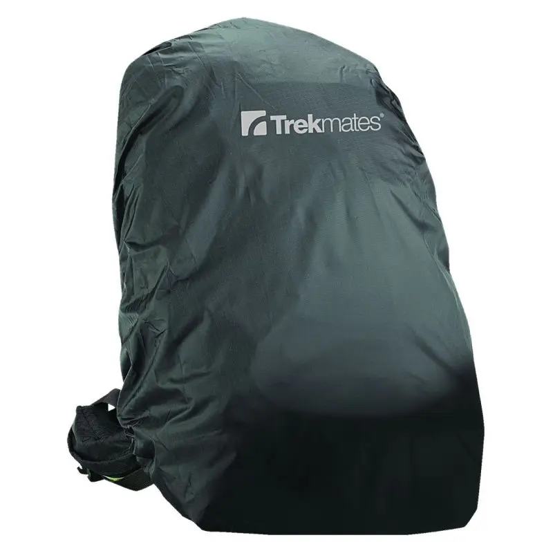 Housse de pluie noire Trekmates pour sac à dos 35-45L, légère et compacte, avec logo visible. Matériau 100% nylon imperméable, protège efficacement contre l’humidité lors de la randonnée.