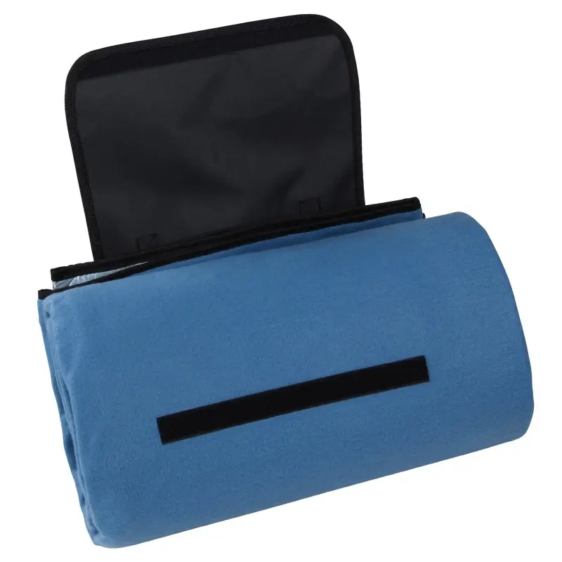 yourGEAR Blue XL picnic blanket 200x200cm, soft fleece surface, insulated padding, waterproof aluminum underside, shown folded with black flap and Velcro strap, ideal for camping, beach, or outdoor picnics.