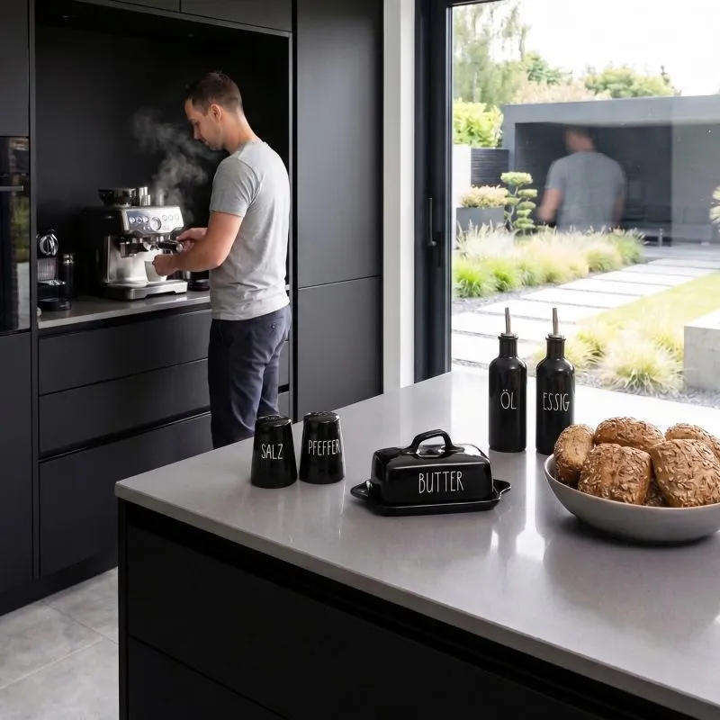 PURWERK Butterdose Schwarz Keramik mit Deckel – Hammerschlag-Design