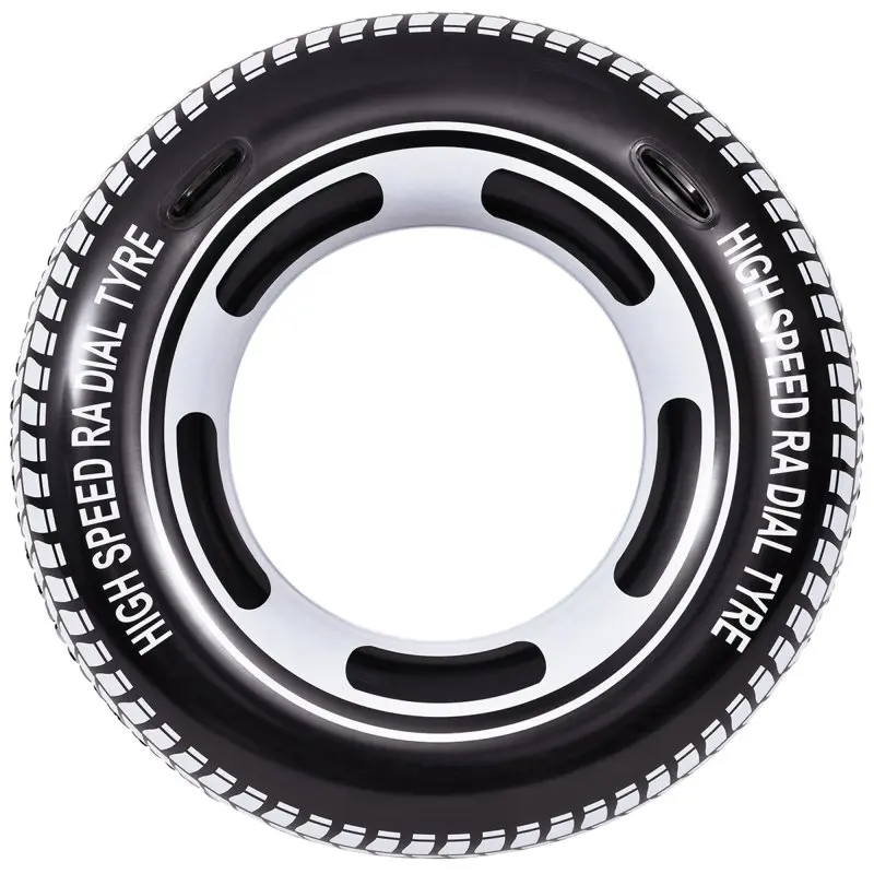 Anello gonfiabile Jilong Big Wheel XL, Ø 110 x 25 cm, design pneumatico auto nero e bianco, scritta “HIGH SPEED RADIAL TYRE”, adatto per adulti e bambini, ideale per piscina, mare e lago.