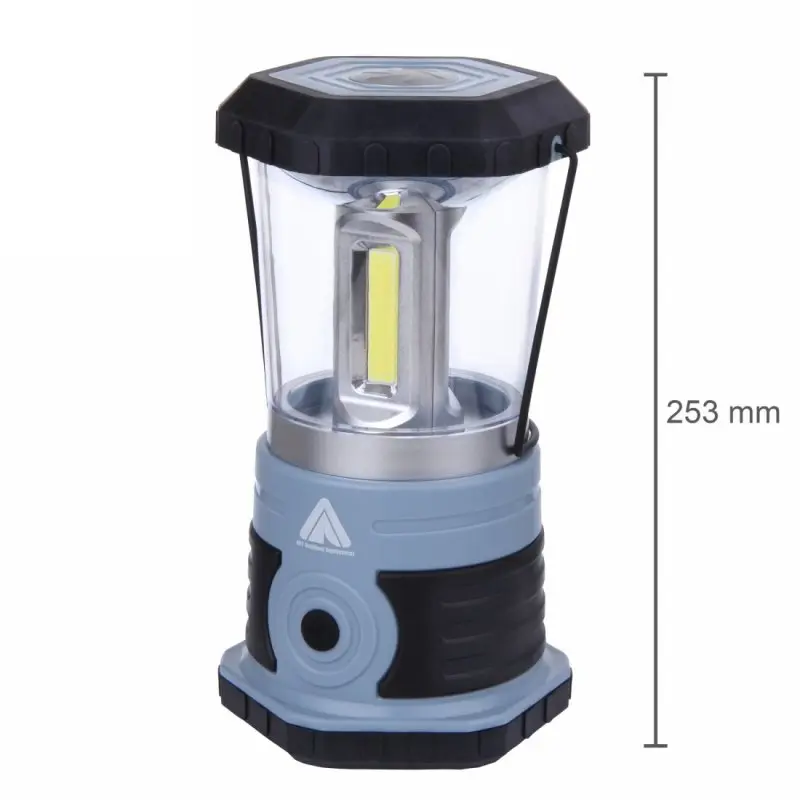 Blue 10T HPL 800 camping lantern with 800 lumens, 3 COB LEDs, black handle, robust design, 253 mm height, suitable for outdoor use, water-resistant, 360-degree light output, and large power button.
