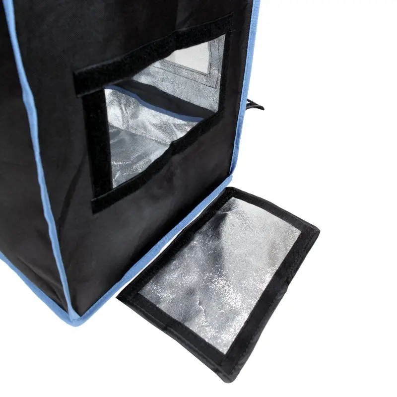 Growzelt yourGEAR Plantsville 40x40x120 cm, schwarzes Indoor Zuchtzelt mit silberner Innenbeschichtung, blauem Rand und geöffnetem Sichtfenster für optimale Pflanzenzucht und Lichtreflexion.