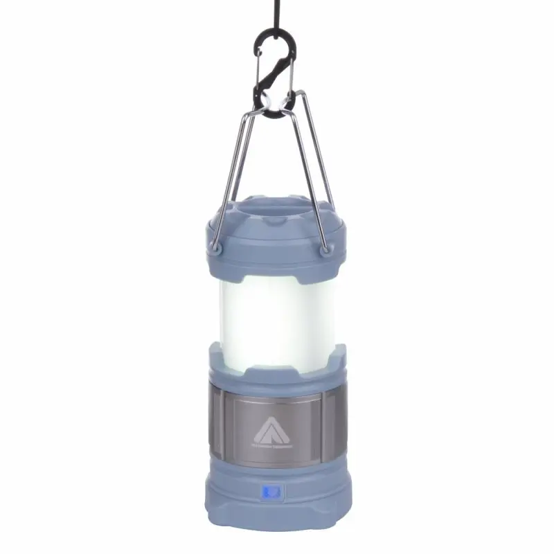 Blue 10T CPL 185 camping lantern with 15 LEDs, 185 lumens, cylindrical design, metal hanging handle, and integrated 4800mAh power bank, shown hanging, suitable for outdoor and camping use.