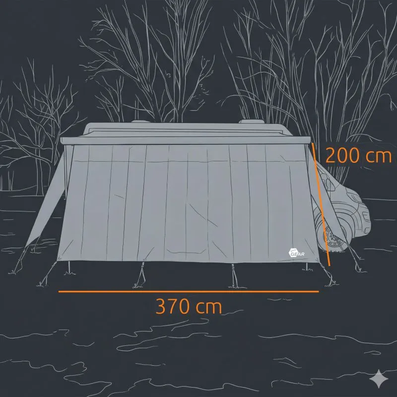 Cloison de store your GEAR Korsika 3.7 gris, panneau avant 370×200 cm avec deux parois latérales, sangles et piquets d’ancrage visibles, protection météo pour auvent de camping-car, logo discret your GEAR.