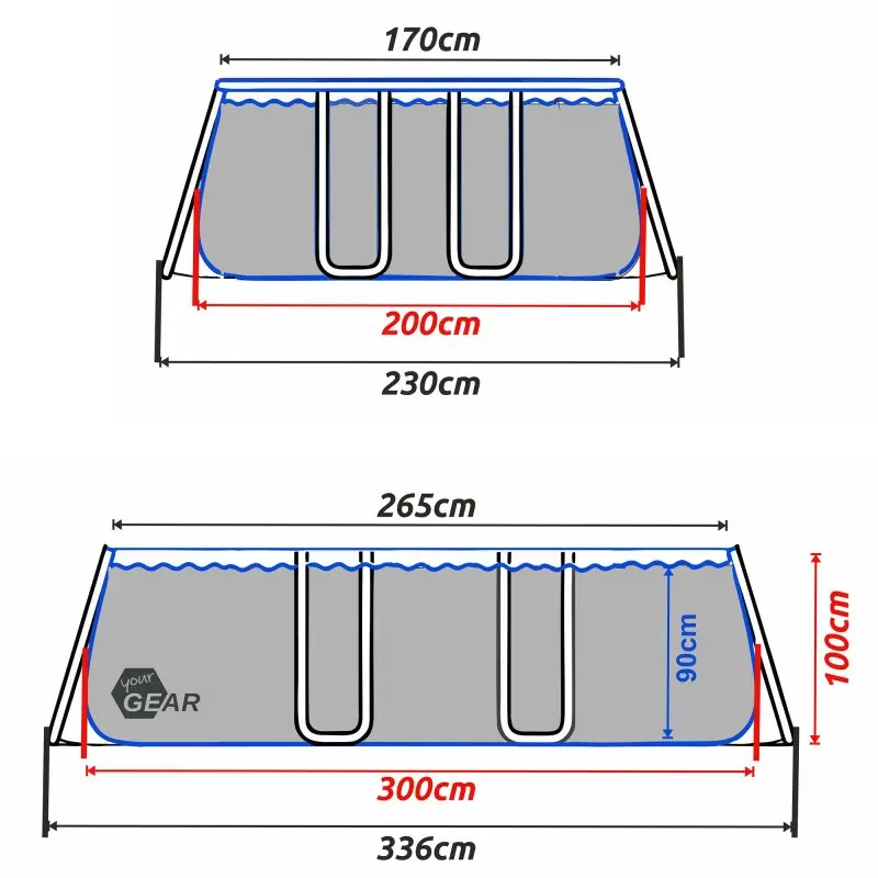 Piscina familiar your GEAR de acero, 3x2x1m, rectangular, exterior gris claro con interior blanco mosaico. Imagen muestra medidas: 336x230x100cm, estructura de acero y liner reforzado. Ideal jardín o terraza.