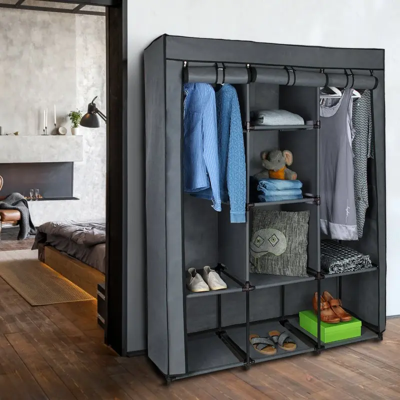 yourGEAR Grado fabric wardrobe 130x45x175 cm in black-grey with 2 clothes rails and 4 shelves, shown in a bedroom, organized with clothes, shoes, and accessories, open fabric cover.