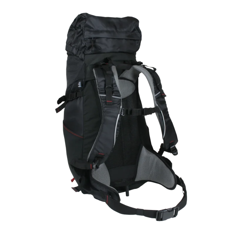 Mochila 10T Towa 30L negra para senderismo, con sistema de ventilación en la espalda, correas acolchadas y ajustables, cinturón lumbar y detalles reflectantes; incluye funda impermeable y soporte para sistema de hidratación.