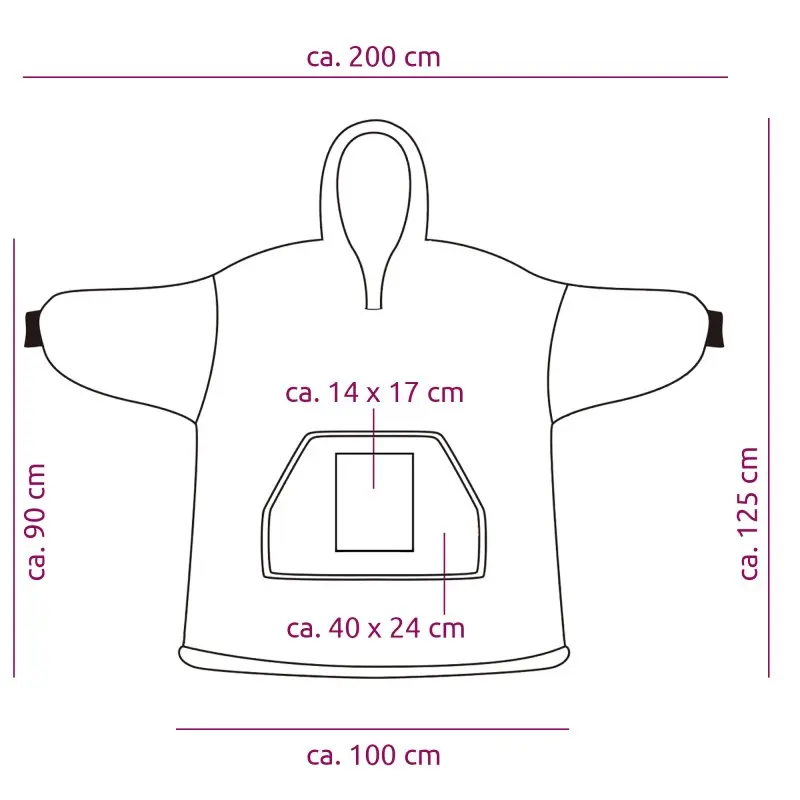 Schemazeichnung des yourGEAR Davos Sherpa Hoodie Decke in Schwarz, mit Kapuze, langen Ärmeln, großer Fronttasche (ca. 40x24 cm) und Innenfach (ca. 14x17 cm), Maße: ca. 200x125x100x90 cm.