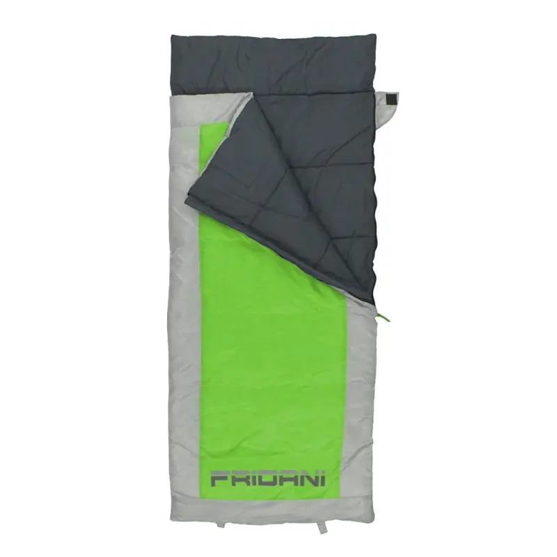 Sacco a pelo rettangolare grigio e verde con interno grigio scuro e scritta "FRIDANI" sulla parte inferiore.