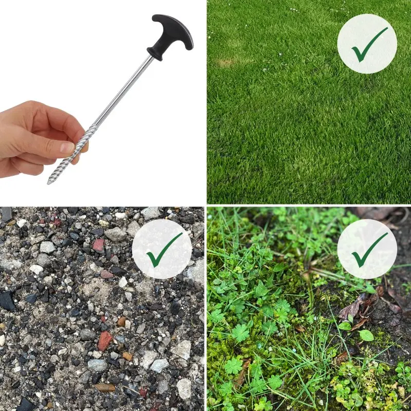 Hering de tente your GEAR en acier avec poignée noire et filetage, adapté pour sol gazon, gravier et terre, illustré par des coches vertes sur différents types de sol. Longueur 210 mm, diamètre 6,7 mm.