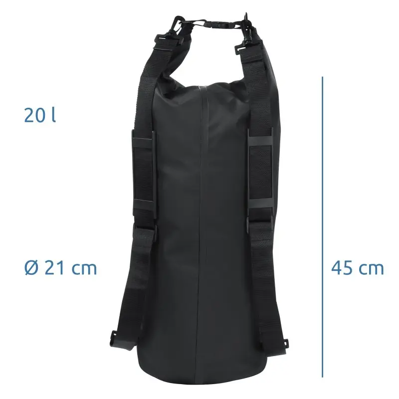 yourGEAR Dry Bag 20L, schwarzer wasserdichter Packsack aus 500D PVC mit zwei Schultergurten, Tragegriff und Ventil, Maße 45 cm hoch, 21 cm Durchmesser, robuster Rollverschluss, schwimmfähig und komprimierbar.