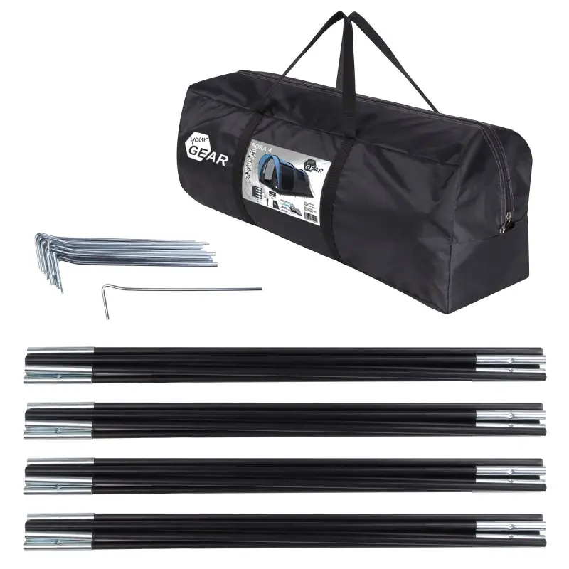 Transporttasche mit your GEAR Logo, Zeltgestänge, Heringe und Aufbauhilfe für das Bora 4 Tunnelzelt; Zubehör für 4-Personen-Familienzelt, kompakt verpackt und leicht zu transportieren.