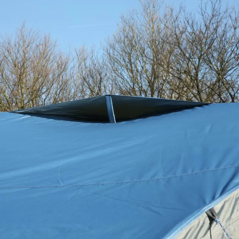 Toit du pavillon your GEAR Bergamo 430 en tissu Oxford bleu, avec capuchon de ventilation au sommet. Structure robuste, protection UV 50+, conçu pour événements extérieurs, camping ou jardin.