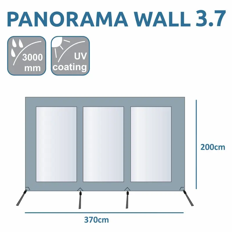 Paroi frontale your GEAR Panorama Wall 3,7 x 2 m pour auvent, gris, trois grandes fenêtres, imperméable 3000 mm, protection UV, idéale contre soleil, vent et pluie, dimensions 370x200 cm, fixation par sangles.