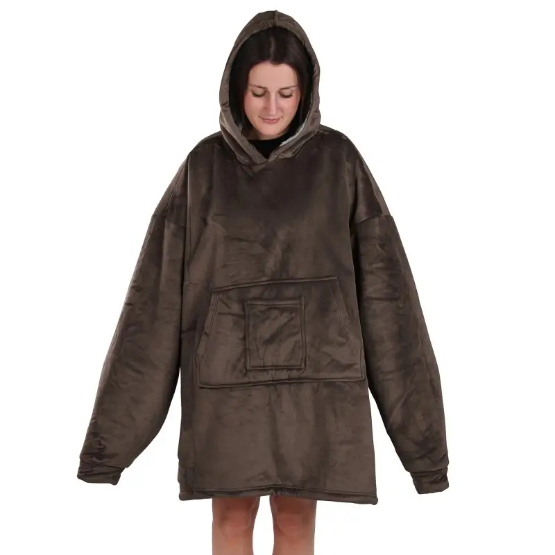 Hoodie coperta yourGEAR Davos marrone in formato XXXL, con cappuccio grande, tasca frontale e maniche lunghe, realizzata in morbido velour esterno e interno Sherpa, ideale per uomo e donna.