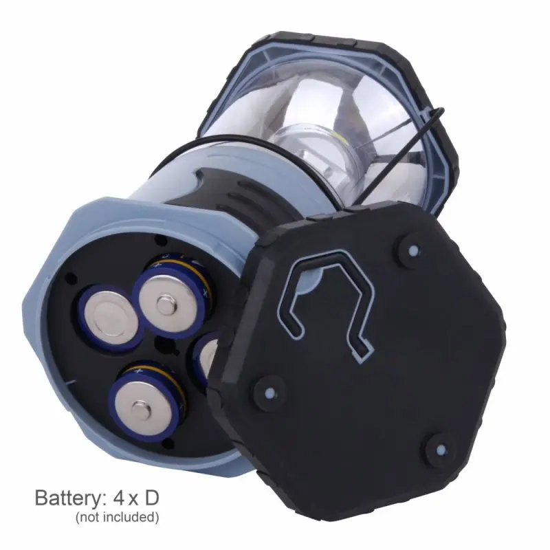 Blue 10T HPL 800 camping lantern with 800 lumens, three COB LEDs, and space for 4 D batteries in the base. The lantern features a rugged, water-resistant design suitable for outdoor use.