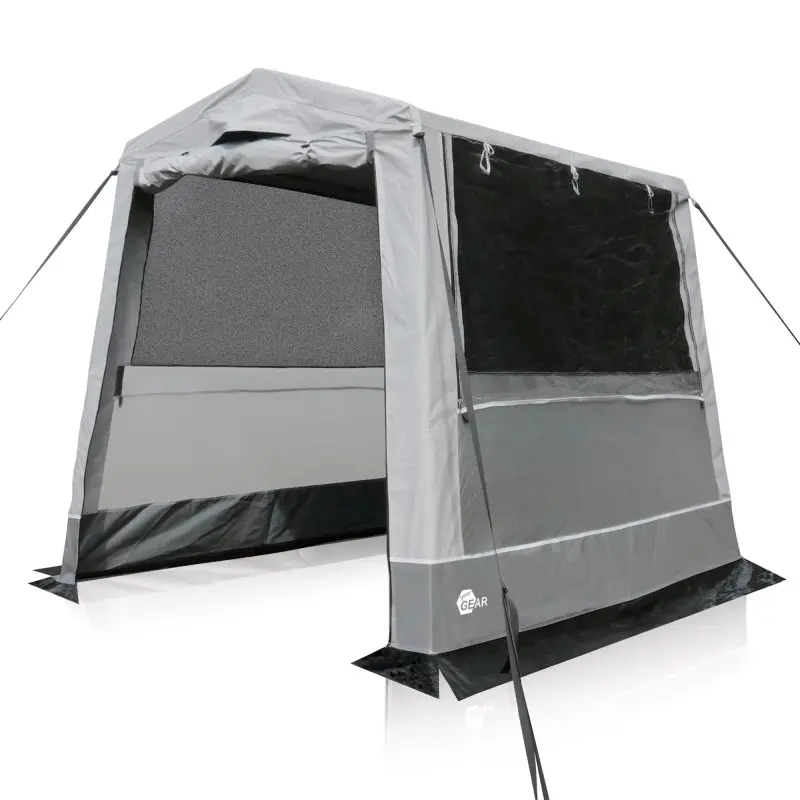 Tente de rangement your GEAR Trient Multi Storage grise, 240x180x200 cm, deux fenêtres, matériau PVC robuste, protection UV 50+, étanche, ourlet de sol pour protection supplémentaire, idéale pour cuisine ou matériel.