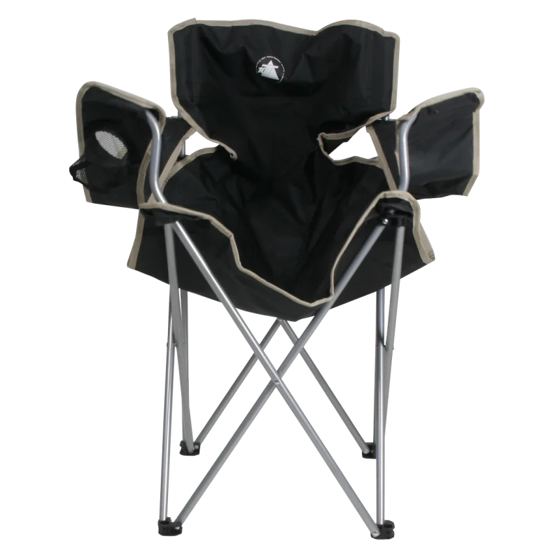 Sedia da campeggio pieghevole 10T Quickfold Easy nera con struttura in metallo, braccioli imbottiti e portabicchieri integrato, ideale per campeggio, pesca o giardino, portata massima 120 kg.