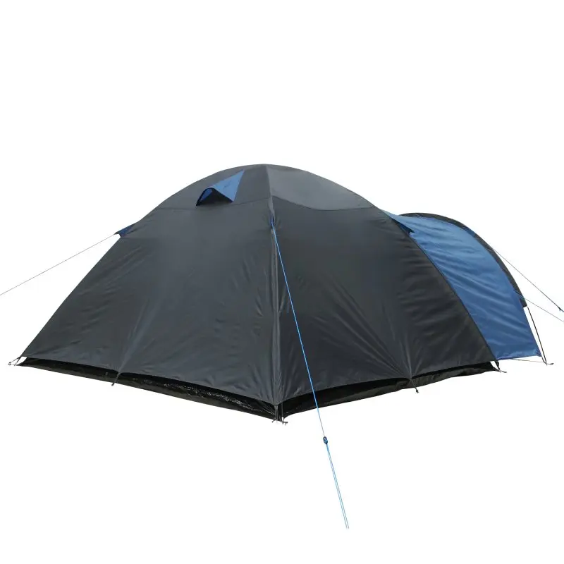 yourGEAR Posada 4 Kuppelzelt für 4 Personen in Blau-Grau, mit großem Vorbau, seitlichem Eingang und Fenstern, gut belüftet, wasserdicht bis 3000 mm, ideal für Camping und Outdoor-Aktivitäten.