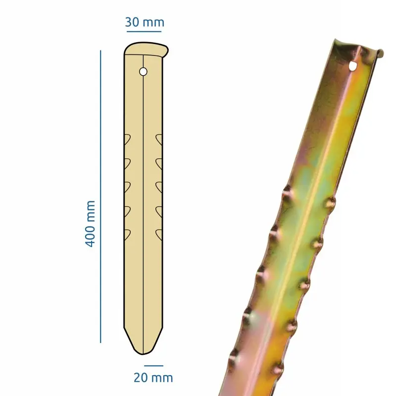 your GEAR Zelthering VX 400 aus Stahl, V-Profil mit Widerhaken, 400 mm lang, 30 mm breit, mit Loch am Kopf; ideal zur sicheren Befestigung von Zelten bei Wind und weichem Boden.