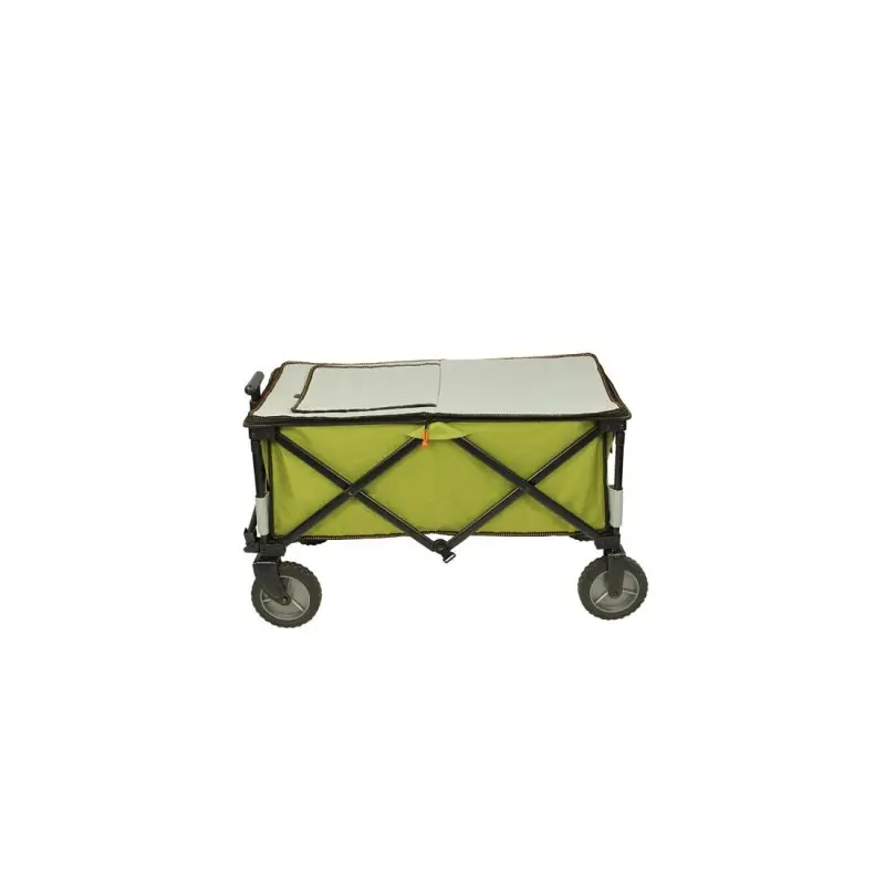 Carro plegable 10T Cooler Trolley de color verde con estructura negra, ruedas grandes y compartimento térmico superior con cremallera, ideal para playa, picnic y actividades al aire libre.