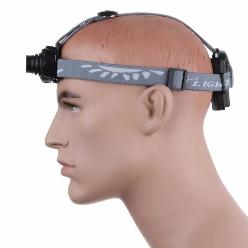 Side view of a mannequin head wearing the 10T SHL 170 sensor headlamp with blue adjustable strap and front-mounted CREE XP-E R3 LED, designed for outdoor use, lightweight, and water-resistant.