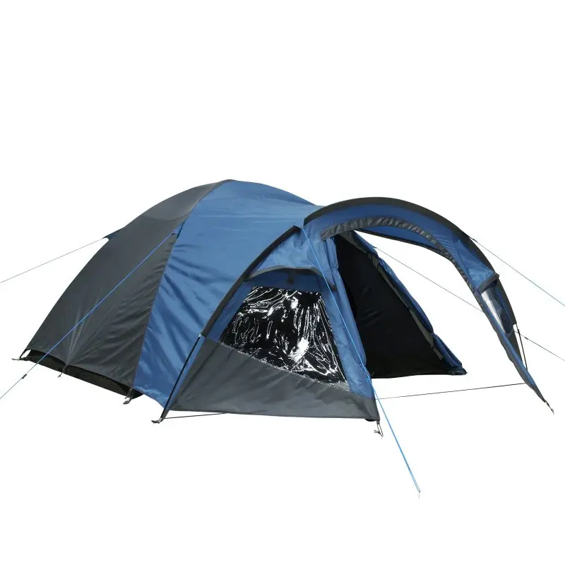 Blau-graues yourGEAR Kuppelzelt Posada 4 für 4 Personen mit großem Vorbau, seitlichem Fenster, zwei Eingängen und Abspannleinen; wetterfest, mit Belüftung und verschließbaren Fenstern, ideal für Camping.