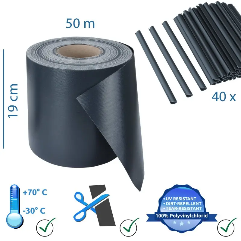 Rotolo yourGEAR Sichtschutzstreifen PVC 50m x 19cm in nero, mit 40 Clips, UV-beständig, reißfest, temperaturbeständig, geeignet für Einzel- und Doppelstabmattenzäune, 450 g/m², inklusive Symboleigenschaften.