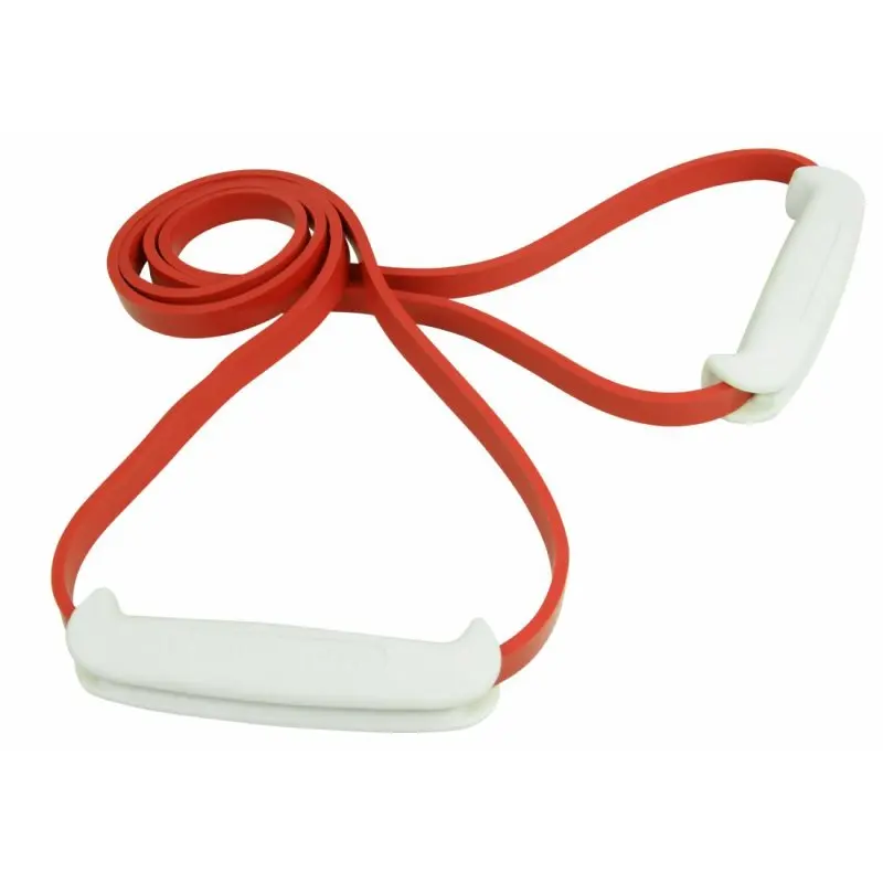 Red Carnegie Exercise Tube Fitness-Band with two ergonomic white handles, 200 cm loop length, designed for resistance training, strength and endurance workouts, suitable for home or gym use.