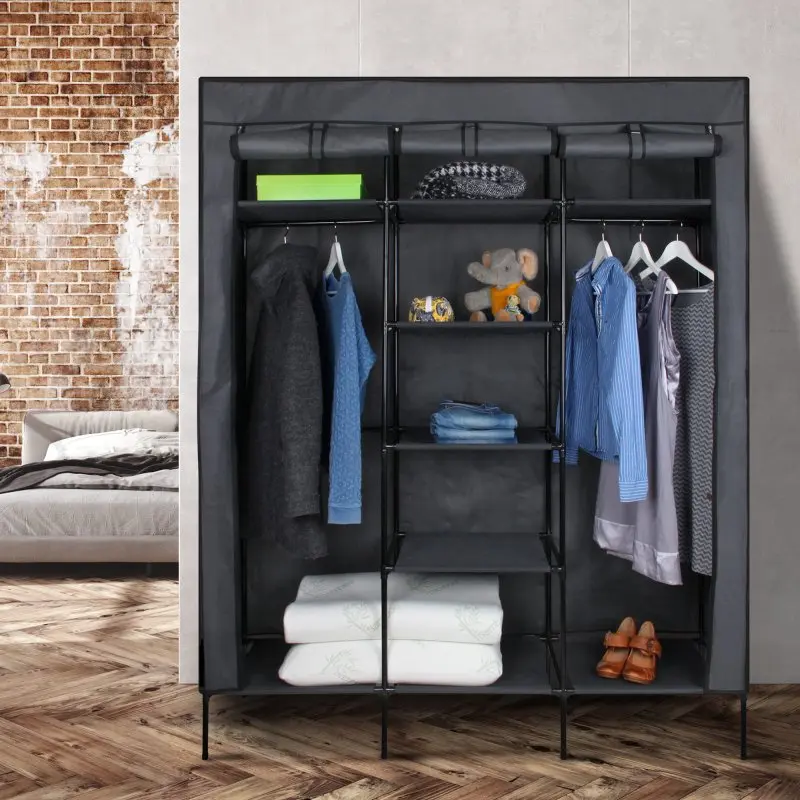 yourGEAR fabric wardrobe Grado, 150x45x185 cm, in black and grey, with 2 clothes rails, 9 shelves, and fabric cover, shown open and filled with clothes, shoes, boxes, and accessories in a modern room.