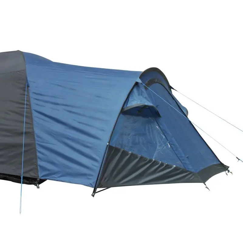 Blau-graues yourGEAR Kuppelzelt Posada 4 für 4 Personen mit großem Vorbau, verschließbarem Fenster und seitlichem Eingang, wasserdicht bis 3000 mm, ideal für Familien und Camping.