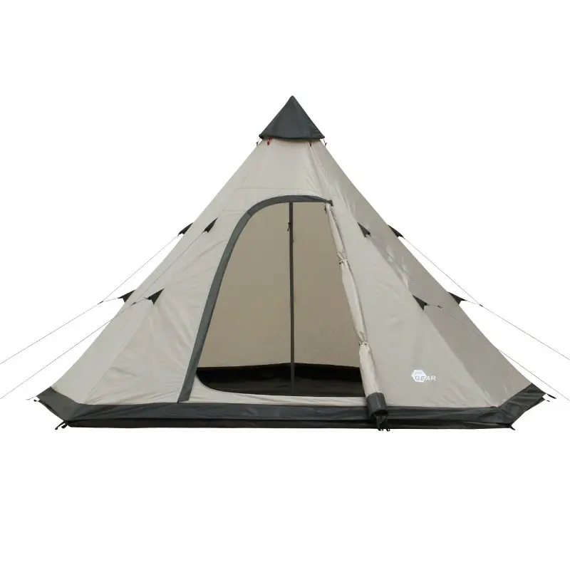 Tente tipi your GEAR Lido 370 pour 4 personnes, forme pyramidale, entrée ouverte, sol cuvette, moustiquaire intégrée, toile imperméable beige et noire, idéale pour camping en famille ou entre amis.