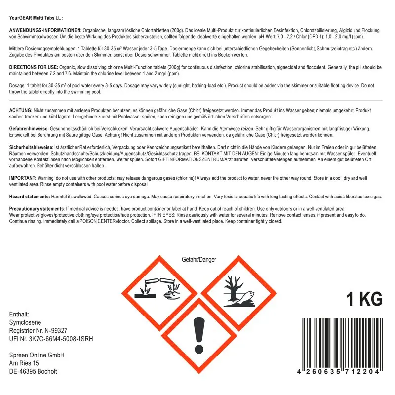 yourGEAR 1 kg Multi Tabs 200g Chlor Tabletten Algenverhütung pH Stabilisierung Flockung Kristallklar
