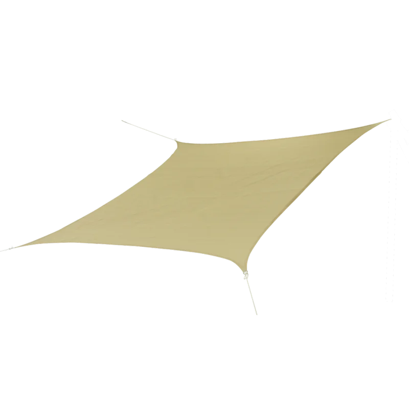 Square 10T Patterson tarp 5x5m in beige, shown stretched with ropes at each corner; weather-resistant, breathable sun sail providing 90% UV protection for garden, terrace, balcony, or camping use.
