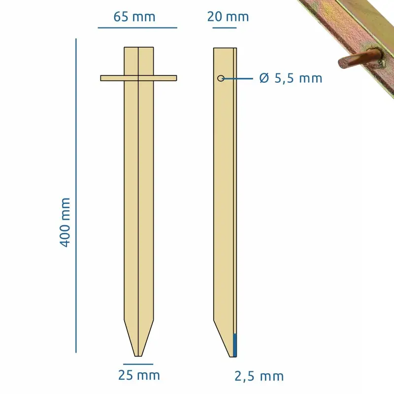 Zelthering aus Stahl von your GEAR, T-Profil, 400 mm lang, 65 mm breit, 25 mm Fuß, 20 mm Profil, Loch mit 5,5 mm Durchmesser, robust für Zeltbefestigung, abgebildet mit Maßangaben.