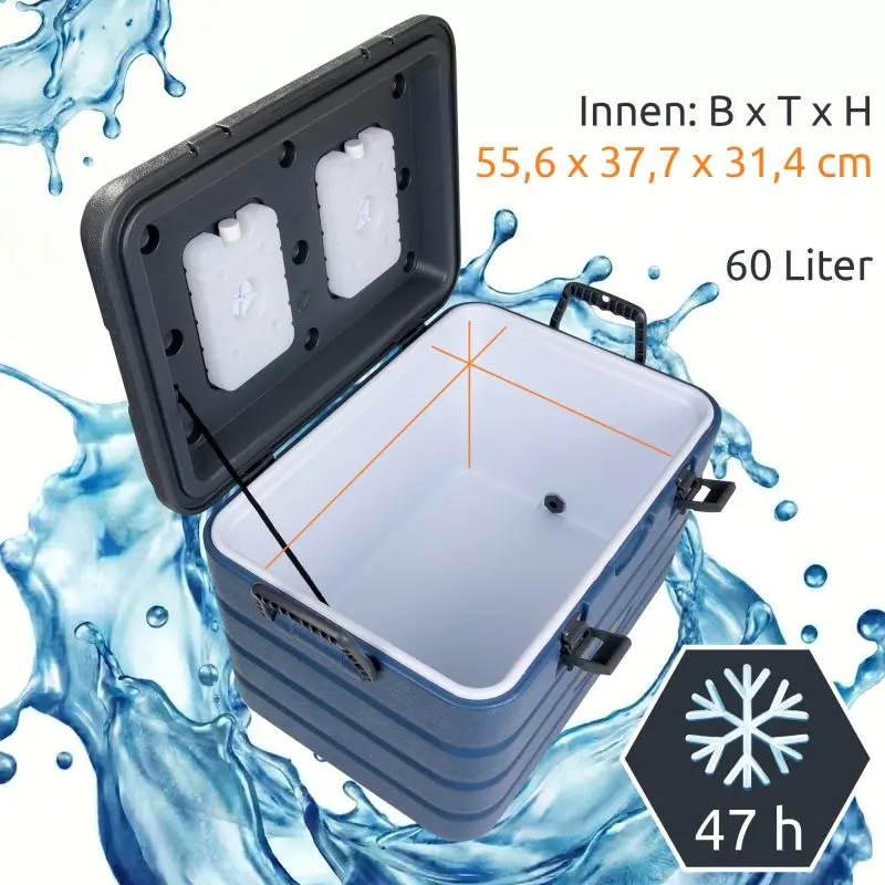 Glacière isotherme yourGEAR Coolah 60L, isolation en mousse PU, dimensions intérieures 55,6 x 37,7 x 31,4 cm, blocs réfrigérants dans le couvercle, 47 h de maintien au froid.