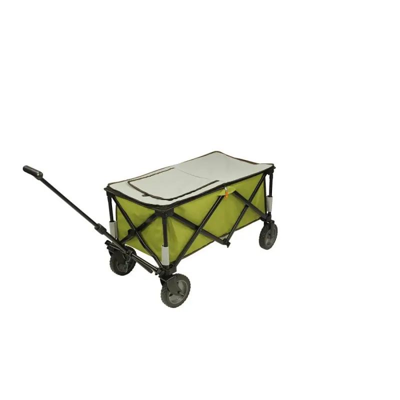 Carro plegable 10T Cooler Trolley con ruedas grandes, estructura negra, tela verde y compartimento térmico con tapa gris, ideal para playa, picnic o actividades al aire libre.