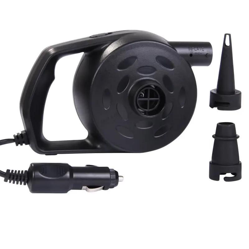 Bomba de aire eléctrica Blueborn P110 de 12V y 110W, color negro, con asa, enchufe para coche y dos boquillas intercambiables, ideal para inflar colchones, piscinas y juguetes inflables.