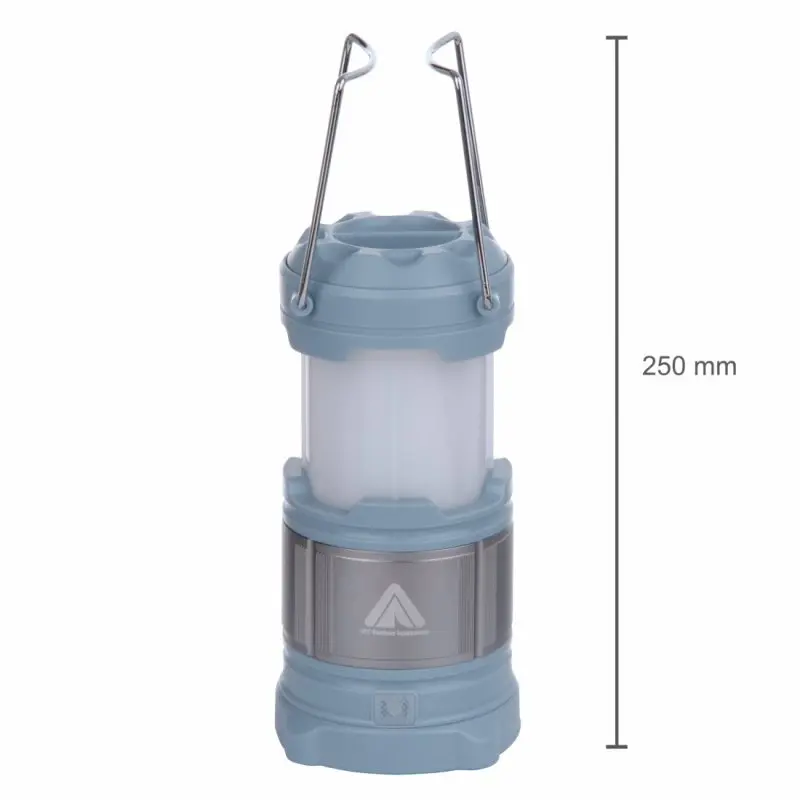 Blue 10T CPL 185 camping lantern, 250 mm tall, with 15 LEDs, 185 lumens, built-in 4800mAh power bank, 360-degree illumination, and foldable metal handles for outdoor use.