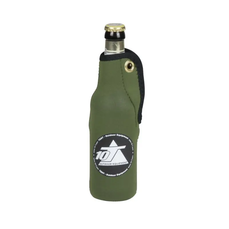 Refroidisseur de bouteille 10T Outdoor Equipment en néoprène vert, 350 ml, avec fermeture éclair robuste, logo imprimé sur le devant, conçu pour garder les boissons froides ou chaudes plus longtemps.