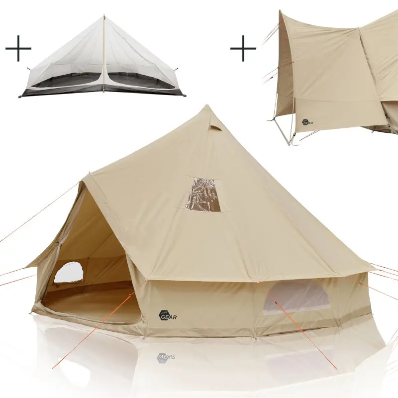 your GEAR Desert 8 Pro Familienzelt aus beigem Baumwoll-Mischgewebe, Tipi-Form mit großem Eingang, Fenster, Schlafkabine und Vordach, geeignet für 4–8 Personen, mit eingenähtem Boden und Insektenschutz.
